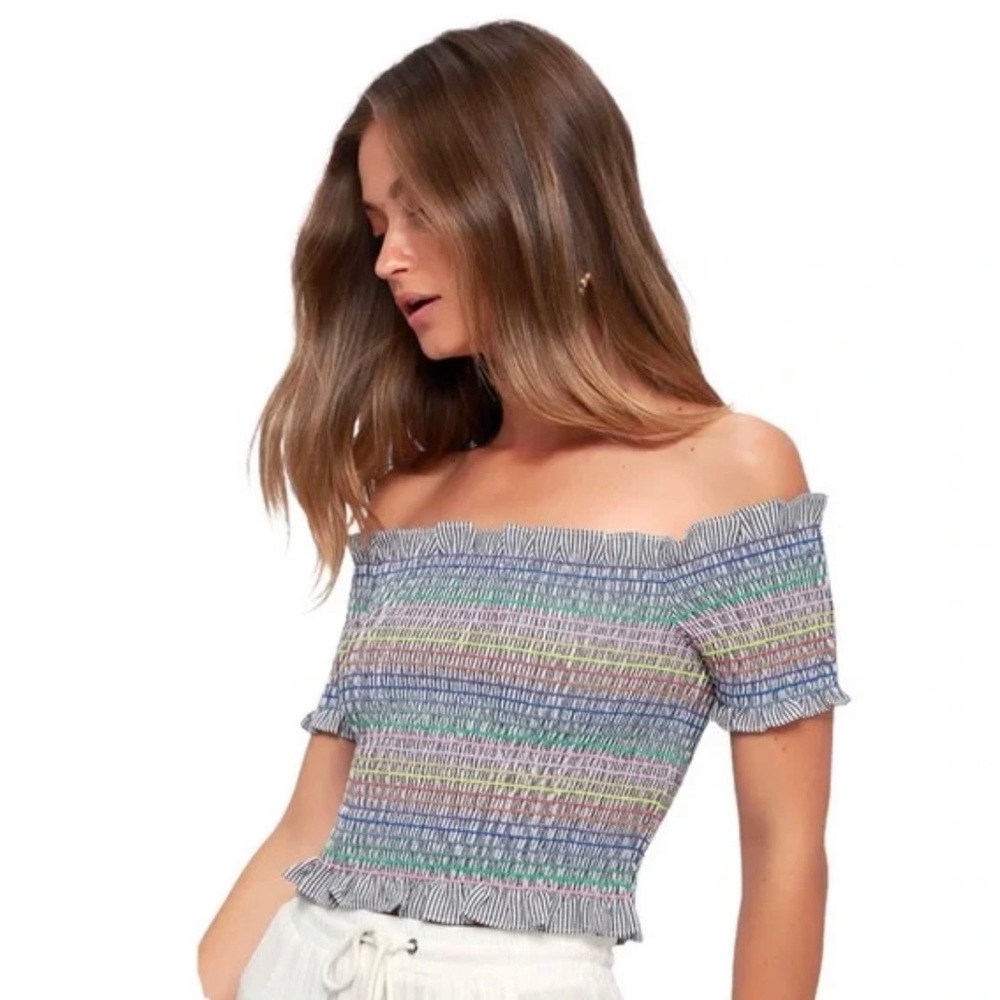 Wayf Rainbow Stripe Smocked Ruffle Top